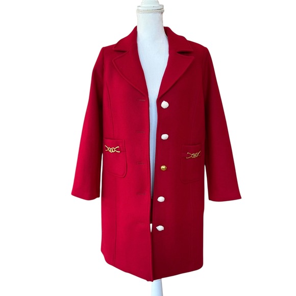 Talbots Petite Red Wool Blend Button Front Coat Gold Chain Detail Petite 4P NWT - Picture 3 of 16